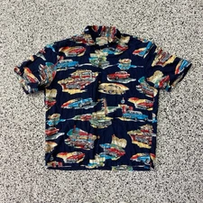 Vintage Paradise Found Large Button Up Classic Cars Hawaiian Style Rayon