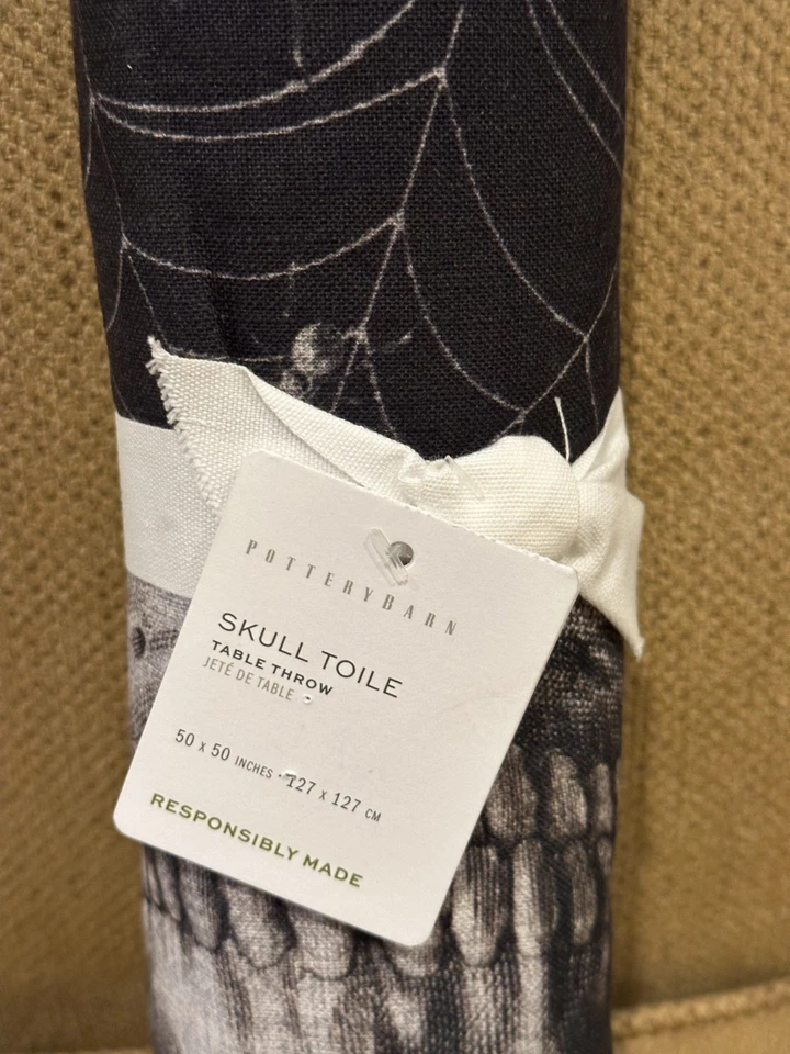 Pottery Barn Skull Toile Table Throw Halloween Gothic 100% Cotton 50” X 50” NWT - Image 3 of 4