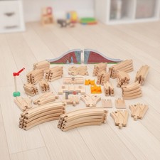 Wooden Train Tracks 68 Piece Expansion Pack Accessories with Arched Bridge, E...