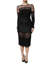 Dolce & Gabbana Black Lace Trim Nylon Tulle SheathMidi Women's Dress