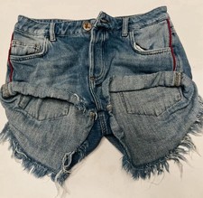 One Teaspoon Cotto Button Distress Shorts Blue Sz 10 Waist 30” Frayed Red Piping
