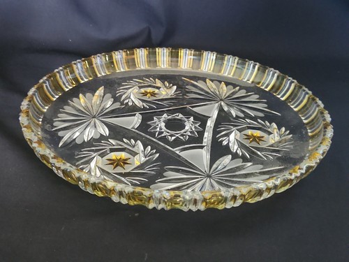VIntage Walther Crystal Glass Cake Platter Comet Pattern Yellow "Topaz" - Picture 2 of 9