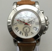 Lucien Piccard Watch Men 45mm MOP Dial Silver Tone Date Brown Leather Band
