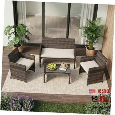 4-Piece Patio Furniture Set, PE Rattan Outdoor 4 Piece Brown & Beige