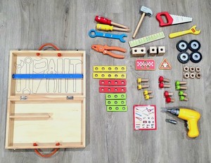Tool Kit for Kids 45-Piece Wooden Toddler Tools Box Set Includes Battery Drill
