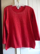 Cathy Daniels Red w/Silver Studs Round Neck 3/4 Sleeve Cotton Top, Size XL