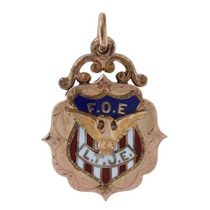 Gold Filled Fraternal Order of Eagles Antique Fob Pendant - Enamel F.O.E. Shield