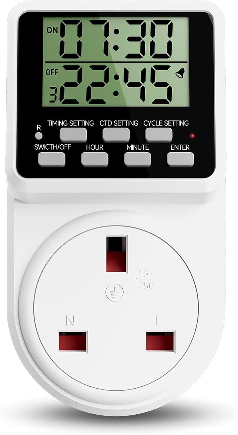24 Hour Digital Timer Plug Socket UK with Countdown, On-Off Repeat Cycle, 13A
