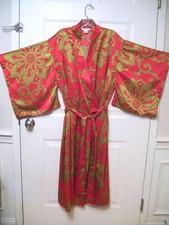 Natori Private Luxuries Kimono Robe sz L Red Gold Medallion Satin Midi 2 Pockets