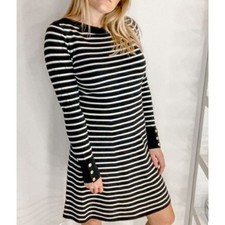 LOFT Long Sleeve Sweater Dress Black White Striped Stretch Size XS Workwear