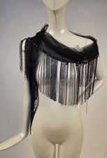 FLAPPER 1920  S BLACK JET BEAD FRINGE DRESS HEM W SILK NET TOP EDGE 
