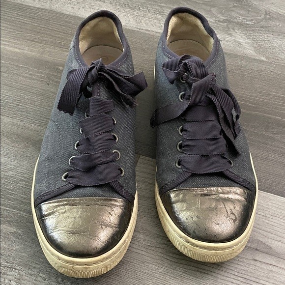 Lanvin Paris Shoes Sneakers Blue Denim Pewter Toe Cap Metallic Ribbon $595 7.5 image 2