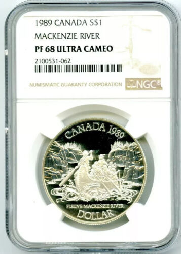 1989 S$1 CANADA MACKENZIE RIVER SILVER PROOF NGC PF68 ULTRA CAMEO DOLLAR - Picture 1 of 2