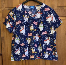 Frosty The Snowman Blue Graphic Print Scrub Top - see measurements