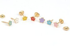 14k Yellow Gold Enamel Flower Screw Back Baby earrings