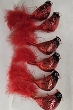6 Holiday Joy Glass Red Cardinal Bird Hanging Ornaments Feather Tail Christmas