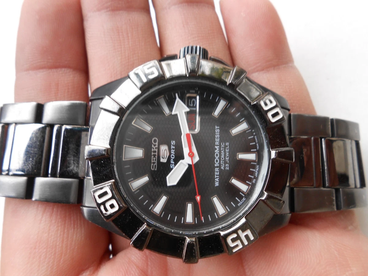 RARE VTG SS ALL BLACK COATED 7S36-02G0 SEIKO 5 SPORTS 10ATM MENS AUTOMATIC WATCH