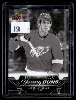 2023-24 UD Canvas Young Guns Black and White Simon Edvinsson RC Detroit Red