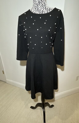 New Women's Formal Black Short Flared Dress Size XXXL Pearl Detail 3/4  Sleeve | eBay
