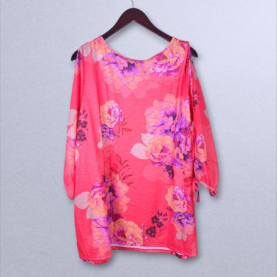 Catherines Top 2X Coral Purple Orange Floral Print Slit Sleeve eBay