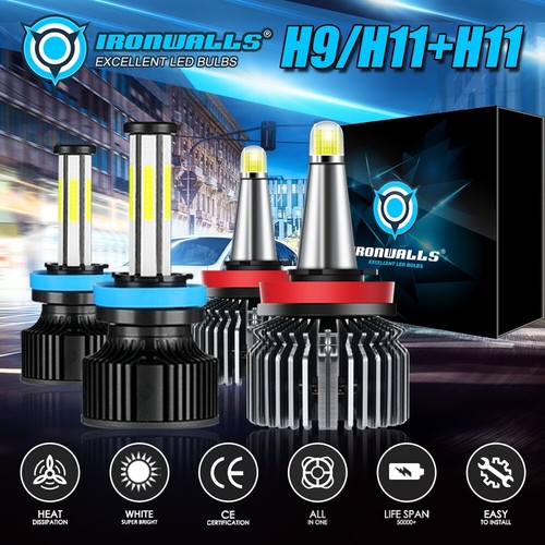 6 / 8 sides H9+H11 High Low LED Headlight Bulbs 6500K for Chevy Malibu 2004-2012 - Foto 1 di 12