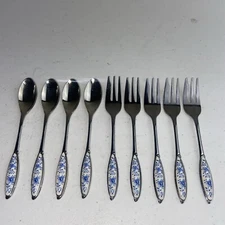 Vintage Stainless Charcuterie Forks & Spoons Blue & White Floral Jam Appetizer