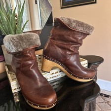 UGG Lynnea Wood Clog High Heel Boot Brown Distressed Leather Women Sz 7