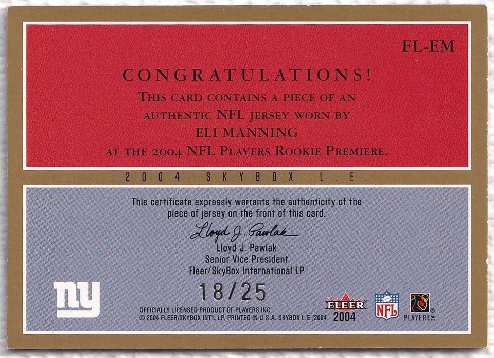 Camiseta deportiva Fleer Skybox LE 2004 Future Legends - Eli Manning radiocontrol novato #18/25 Foto 2 de 2