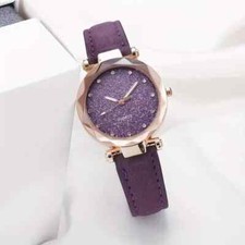 Luxury Starry Quartz Watch Fashion Rhinestone Analog Matte PU Leather Purple New