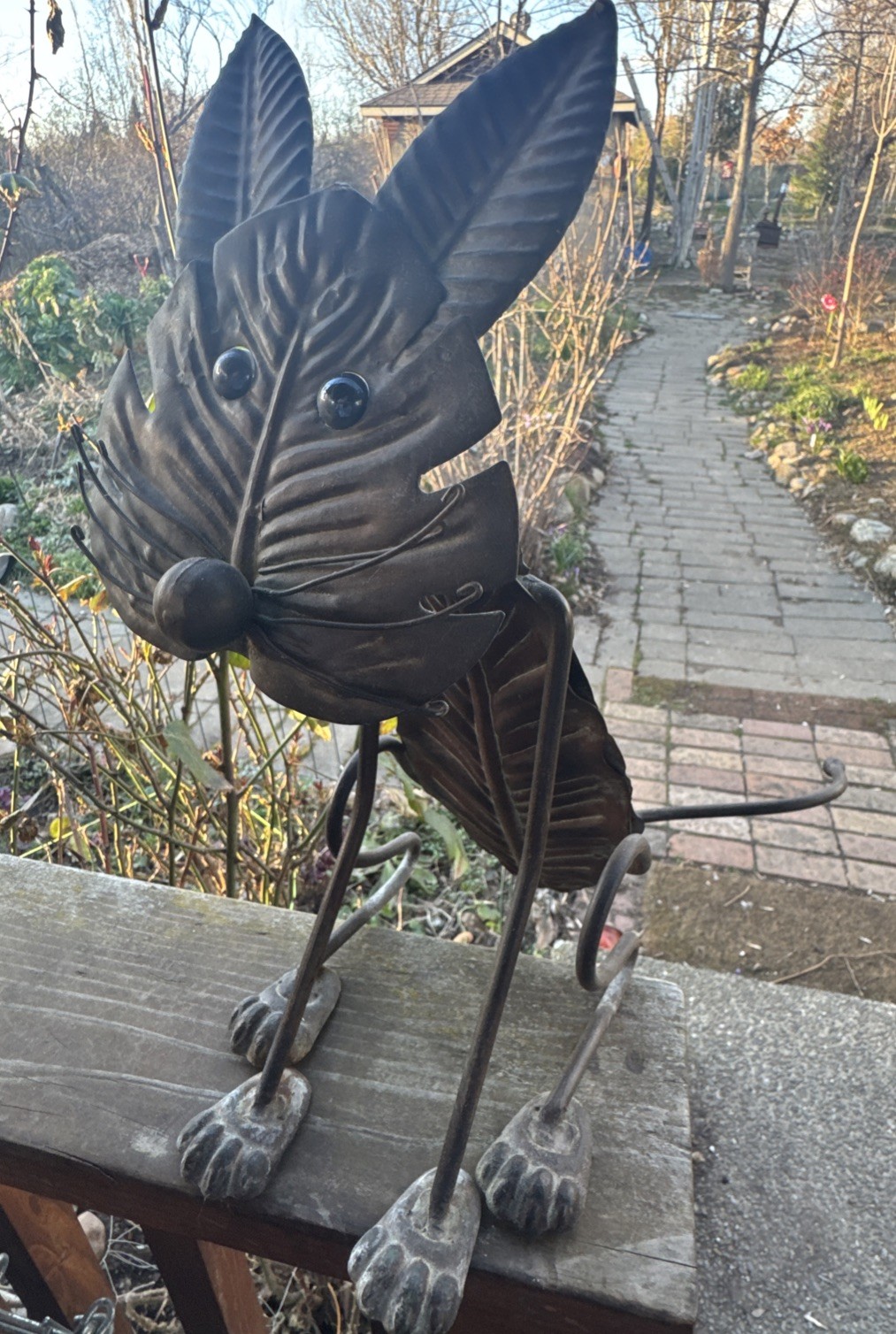 Whimsical Decorative Metal Cat Art Sculpture Spring Activated Tail /Head Moves