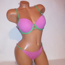 Victoria Secret PINK Swim Bikini Medium Top  Bottom Pink Green Push Up Cheeky