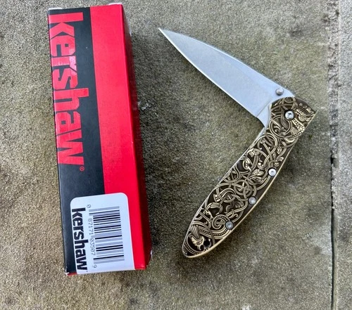 Custom Kershaw Leek Knife | Engraved Brass Norse Celtic Design | USA Made