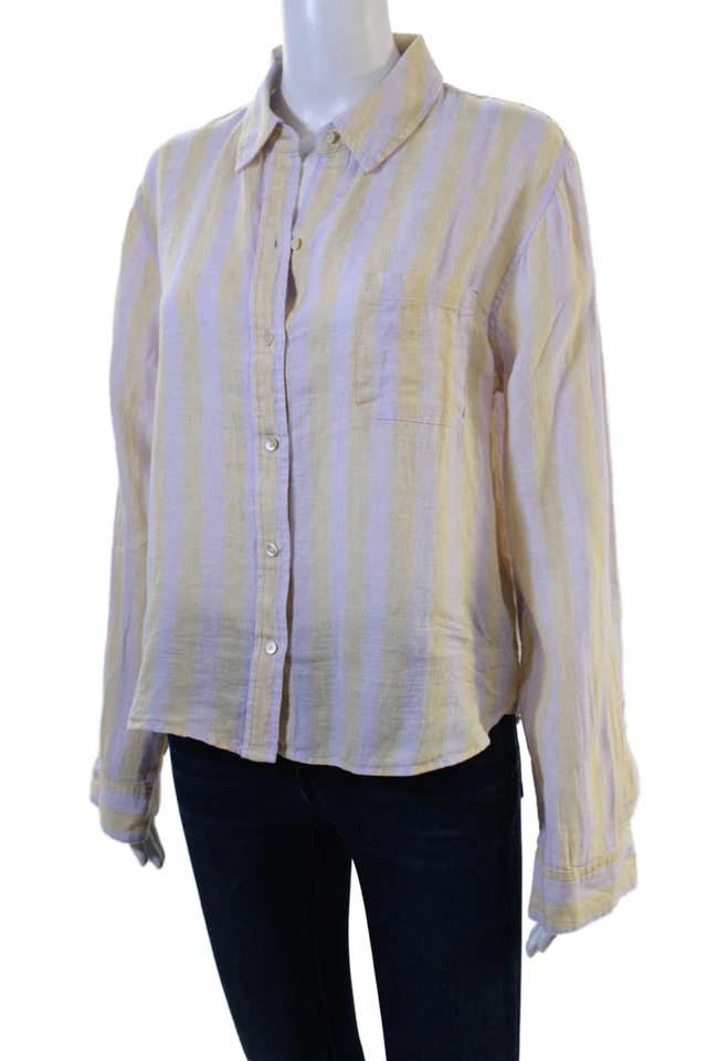 Lilly Pulitzer 女式米色条纹亚麻纽扣长袖上衣 M 码 — 第 2/4 张图片