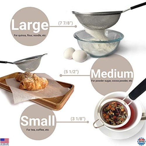 Fine Mesh Strainer Set of 3, Stainless Steel Kitchen Sieve with Insulated - Picture 2 of 7