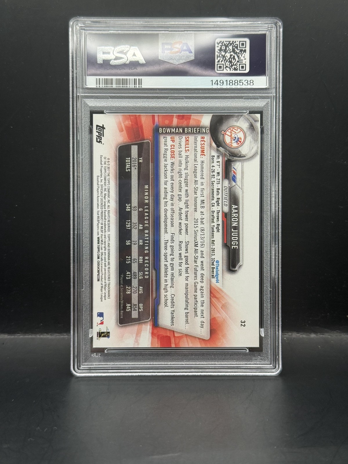 #32 Aaron Judge 2017 Bowman RC Rookie New York Yankees psa 8 view 2