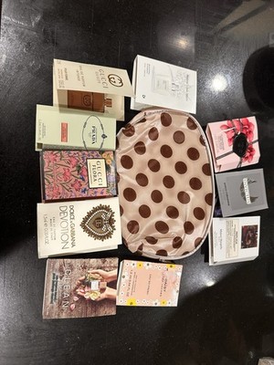 Gucci Prada Dolce & Gabbana Sample Size Perfume Lot w/ Polka Dot Cosmetic Bag