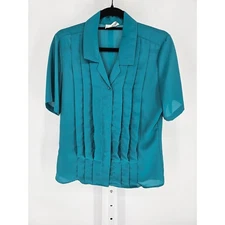 Vintage Laura Mae Womens Sz L Short Sleeve Button Up Blouse Dark Teal Pleated