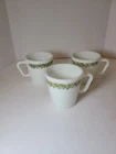 Vtg Corelle Pyrex Milk Glass Spring Blossom/ Crazy Daisy Coffe Mugs in Green- 4