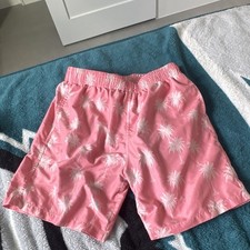 Boys Pink  White Palm Tree Swim Trunks Size Small Polyester Elastic Waist