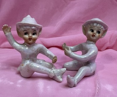 2 Vintage Lefton 1950s White Iridescent Pixie Elf Candle Huggers Lusterware