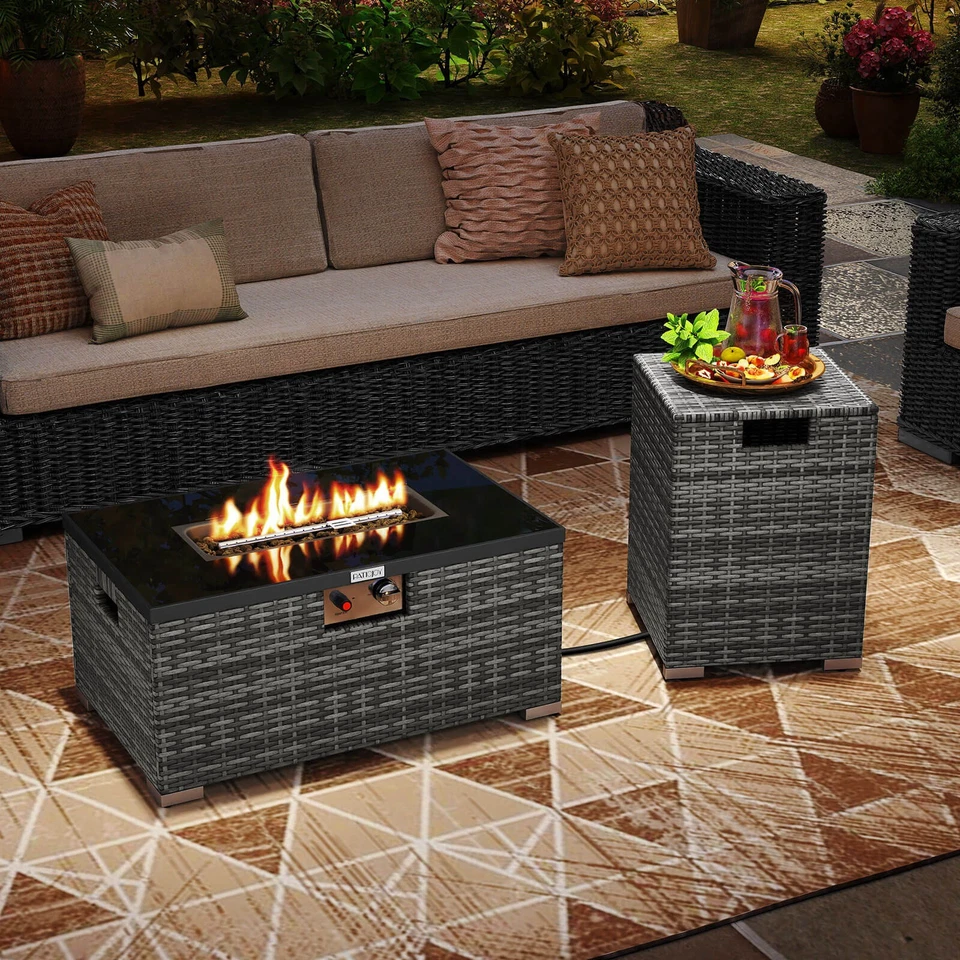 2 PCS Outdoor Rattan Fire Table Set w/ Tank Cover Tempered Glass Tabletop - Image 4 of 4