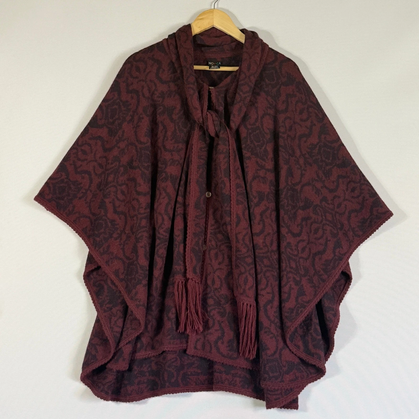 Novica OS Poncho Burgundy Womens Alpaca Wool Blend Artisan Gothic Earthy Boho