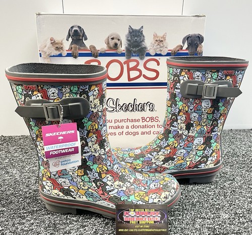 Skechers Bobs Womens Rubber Rain Boots Dogs All Rover April Showers Size 8 NIB!