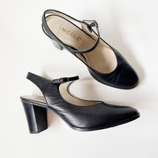 Vintage Mary Jane Slingback Heels Black Leather Block Heel Round Toe 90s Size 8