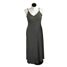 Olive Green Spring White Stripe Maxi Dress Spaghetti Strap V Neck Casual Size L