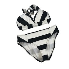NWOT Gibson Latimer Black White Striped Halter Bikini Set Textured Swimsuit L