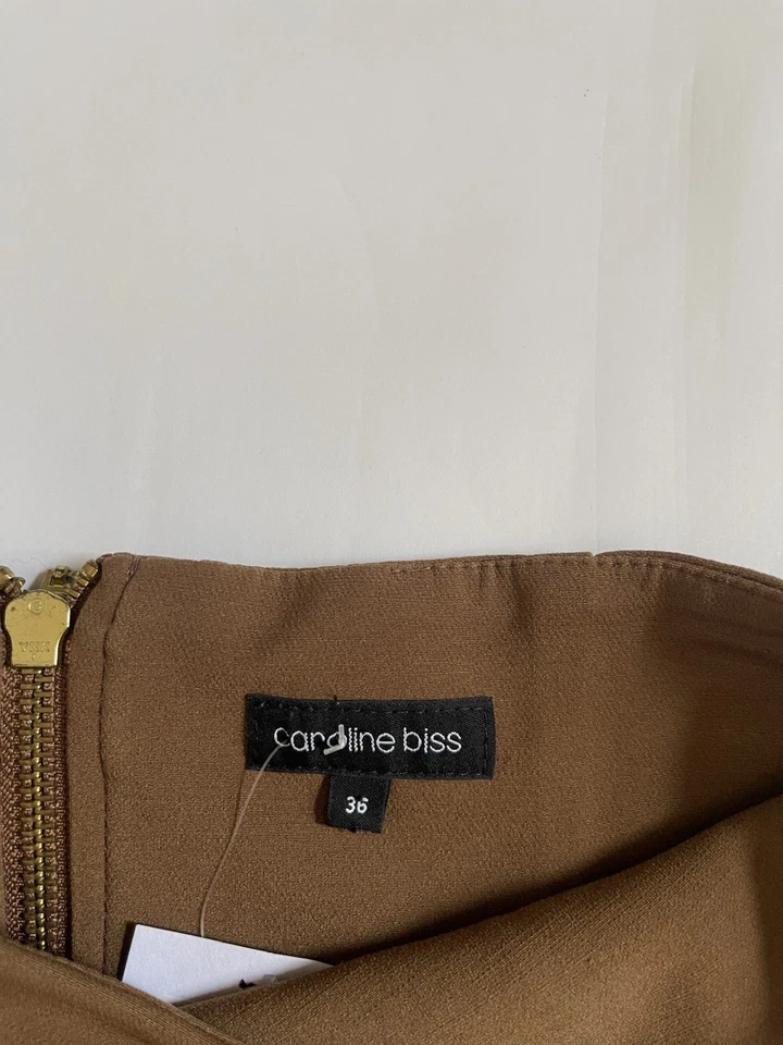 CAROLINE BISS Skirt Uk 8 Brown Pencil Skirt High Waisted Jersey Gold Zip Back - Image 4 of 4