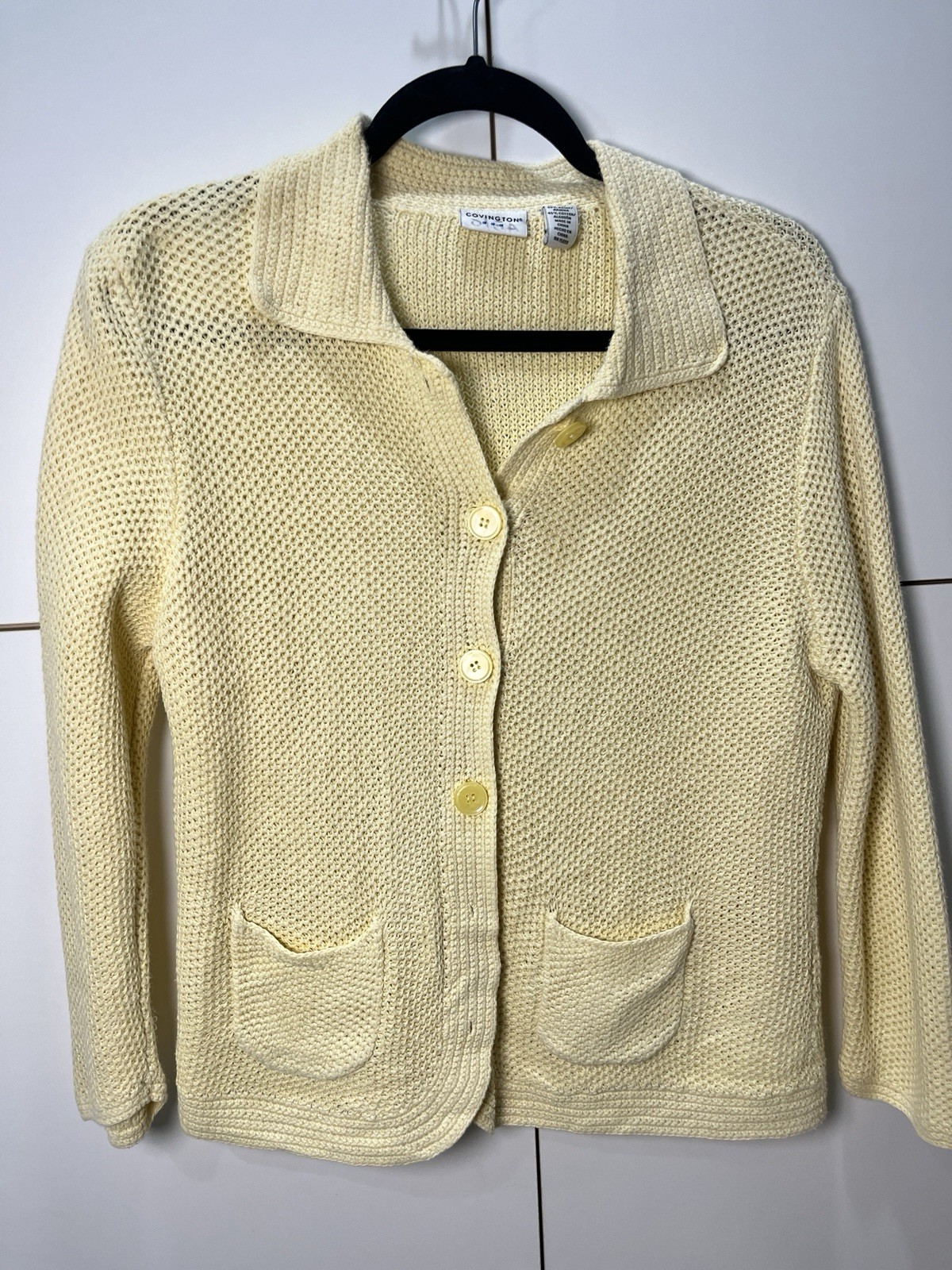 Butter Yellow Cotton Knit Vintage Collared Cardigan Cottagecore Size Large