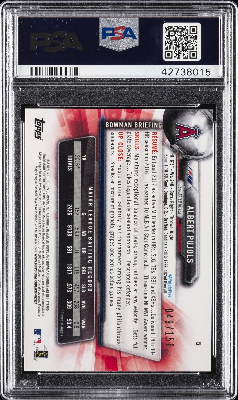 2017 BOWMAN CHROME BLUE REFRACTOR #5 ALBERT PUJOLS /150 PSA 10 view 2