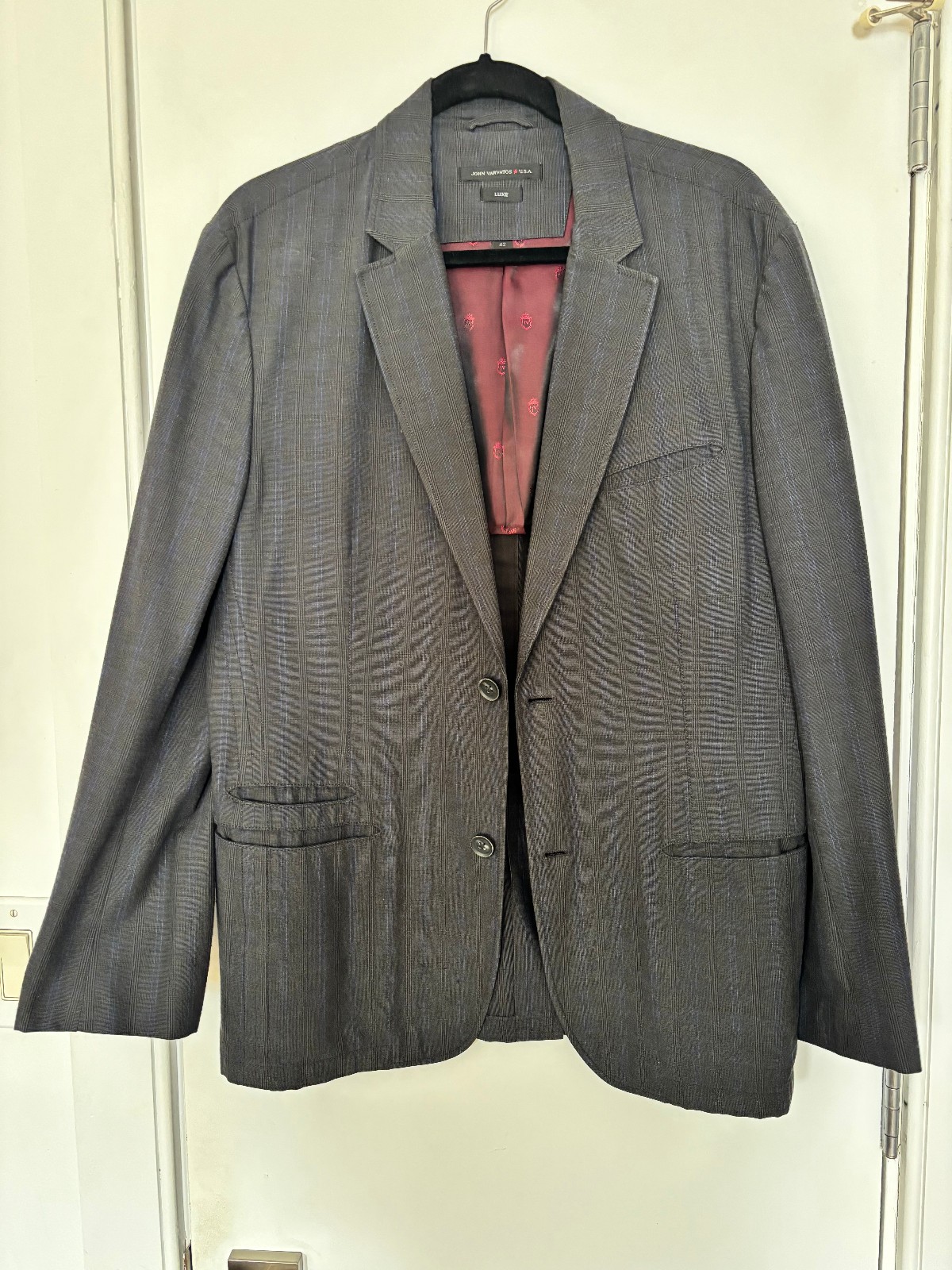 Blazer Men John Varvatos USA Luxe Gray Glen Plaid Blue Stripe Wool Size 42-image